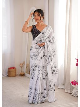 Nyri - Latest Sworski Diamond Chinon Digital Printed Saree With Cutwork Border - White
