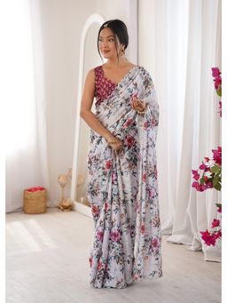Nyri - Latest Sworski Diamond Chinon Digital Printed Saree With Cutwork Border - White