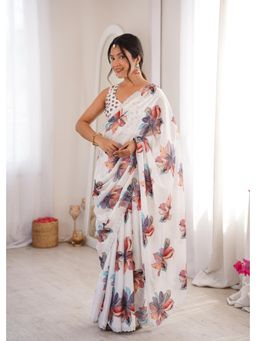 Nyri - Latest Sworski Diamond Chinon Digital Printed Saree With Cutwork Border - White