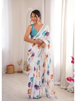 Nyri - Latest Sworski Diamond Chinon Digital Printed Saree With Cutwork Border - White