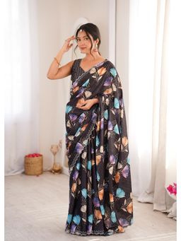Nyri - Latest Sworski Diamond Chinon Digital Printed Saree With Cutwork Border - Black