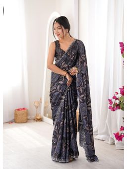 Nyri - Latest Sworski Diamond Chinon Digital Printed Saree With Cutwork Border - Grey