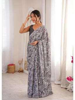 Nyri - Latest Sworski Diamond Chinon Digital Printed Saree With Cutwork Border - White