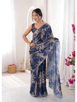 Nyri - Latest Sworski Diamond Chinon Digital Printed Saree With Cutwork Border - Teal