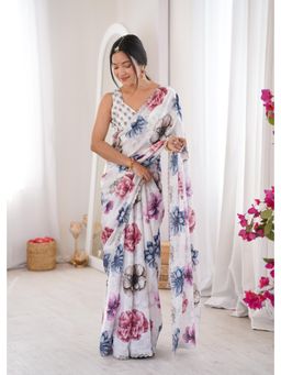 Nyri - Latest Sworski Diamond Chinon Digital Printed Saree With Cutwork Border - White