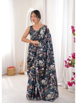 Nyri - Latest Sworski Diamond Chinon Digital Printed Saree With Cutwork Border - Black