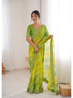 Nyri - Padding Georgette Chiffon Embroidered with Laheriya Gold Foil Work Saree - Green