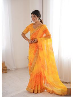 Nyri - Padding Georgette Chiffon Embroidered with Laheriya Gold Foil Work Saree - Yellow