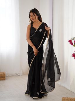 Nyri - Designer Beads Work Saree with Lace Border - Black