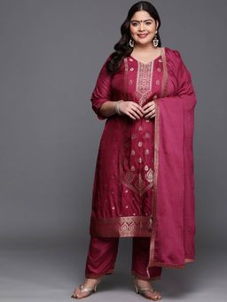 Extra love by Libas - Plus Size Women Purple Self Design Silk Blend Straight Kurta Sets for Women