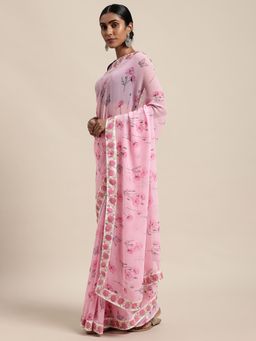 Vastranand - Pink Floral Sequinned Saree with Unstitched Blouse