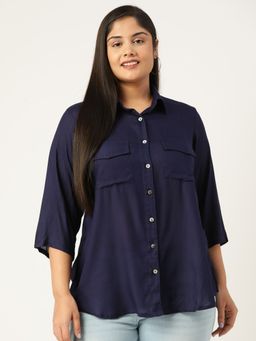 theRebelinme - Plus Size Women Navy Blue Solid Colour Spread Collar Casual Shirt