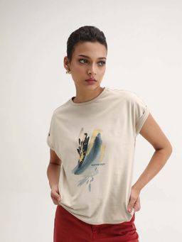 RAREISM - Beige Printed Extended Sleeve T-Shirt