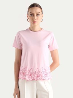 RAREISM - Pink Floral Detail Round Neck T-Shirt