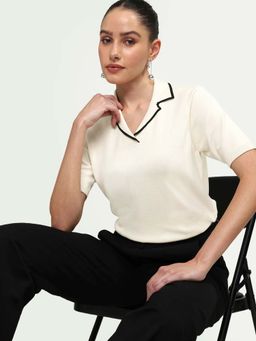 RAREISM - Beige Contrast Tipped Johnny Collared Polo T-Shirt