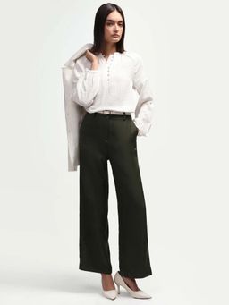 RAREISM - Olive Green Solid Mid Rise Trousers