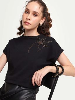 RAREISM - Black Floral Detail Short Sleeve T-Shirt