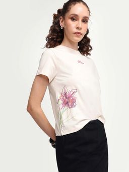 RAREISM - Beige Floral Detail T-Shirt