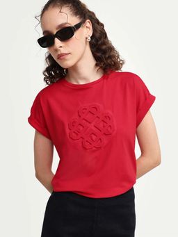 RAREISM - Red Round Neck Embossed T-Shirt