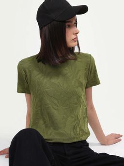 RAREISM - Olive Green Self-Designed Round Neck T-Shirt