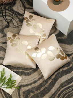 HOSTA HOMES - Soft Velvet Golden Foil Printed Cushion Covers Cream (Pack Of 3) (16X16 Inches)