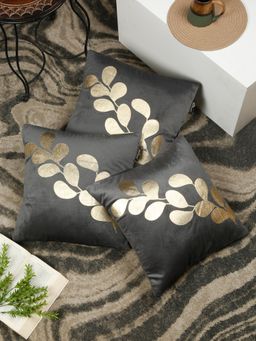 HOSTA HOMES - Soft Velvet Golden Foil Printed Cushion Covers Grey (Pack Of 3) (16X16 Inches)