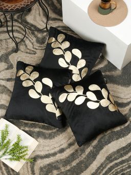 HOSTA HOMES - Soft Velvet Golden Foil Printed Cushion Covers Black (Pack Of 3) (16X16 Inches)