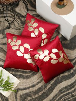 HOSTA HOMES - Soft Velvet Golden Foil Printed Cushion Covers Maroon (Pack Of 3) (16X16 Inches)
