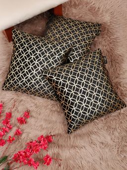 HOSTA HOMES - Soft Velvet Golden Foil Printed Cushion Covers Black (Pack Of 3) (16X16 Inches)