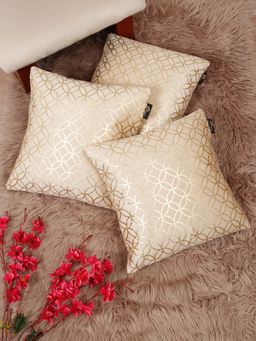 HOSTA HOMES - Soft Velvet Golden Foil Printed Cushion Covers Cream (Pack Of 3) (16X16 Inches)