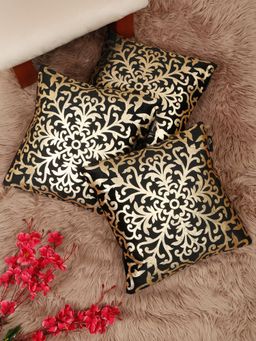 HOSTA HOMES - Soft Velvet Golden Foil Printed Cushion Covers Black (Pack Of 3) (16X16 Inches)