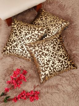 HOSTA HOMES - Soft Velvet Golden Foil Printed Cushion Covers Brown (Pack Of 3) (16X16 Inches)