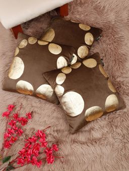 HOSTA HOMES - Soft Velvet Golden Foil Printed Cushion Covers Brown (Pack Of 3) (16X16 Inches)