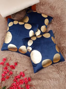 HOSTA HOMES - Soft Velvet Golden Foil Printed Cushion Covers Blue (Pack Of 3) (16X16 Inches)