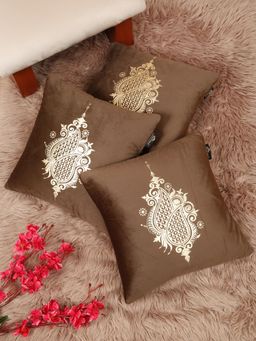 HOSTA HOMES - Soft Velvet Golden Foil Printed Cushion Covers Brown (Pack Of 3) (16X16 Inches)