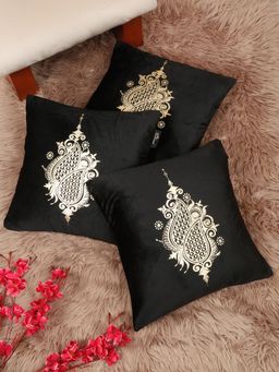 HOSTA HOMES - Soft Velvet Golden Foil Printed Cushion Covers Black (Pack Of 3) (16X16 Inches)