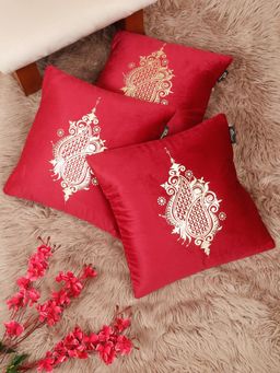 HOSTA HOMES - Soft Velvet Golden Foil Printed Cushion Covers Maroon (Pack Of 3) (16X16 Inches)