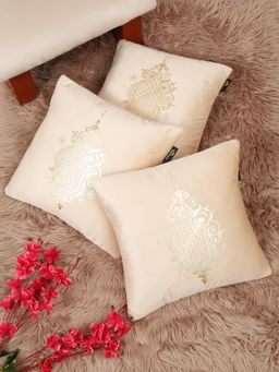 HOSTA HOMES - Soft Velvet Golden Foil Printed Cushion Covers Cream (Pack Of 3) (16X16 Inches)