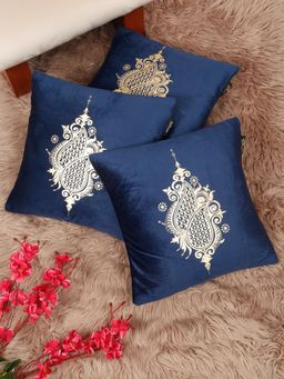 HOSTA HOMES - Soft Velvet Golden Foil Printed Cushion Covers Blue (Pack Of 3) (16X16 Inches)