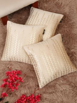 HOSTA HOMES - Soft Velvet Golden Foil Printed Cushion Covers Cream (Pack Of 3) (16X16 Inches)