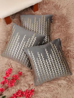 HOSTA HOMES - Soft Velvet Golden Foil Printed Cushion Covers Grey (Pack Of 3) (16X16 Inches)