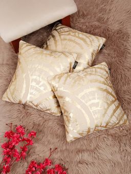 HOSTA HOMES - Soft Velvet Golden Foil Printed Cushion Covers Cream (Pack Of 3) (16X16 Inches)