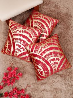 HOSTA HOMES - Soft Velvet Golden Foil Printed Cushion Covers Maroon (Pack Of 3) (16X16 Inches)