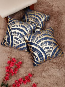 HOSTA HOMES - Soft Velvet Golden Foil Printed Cushion Covers Blue (Pack Of 3) (16X16 Inches)