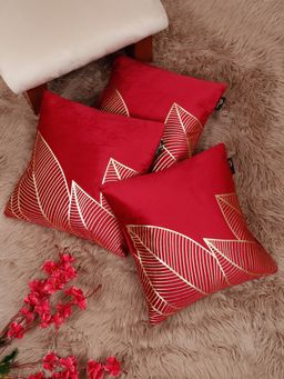 HOSTA HOMES - Soft Velvet Golden Foil Printed Cushion Covers Maroon (Pack Of 3) (16X16 Inches)