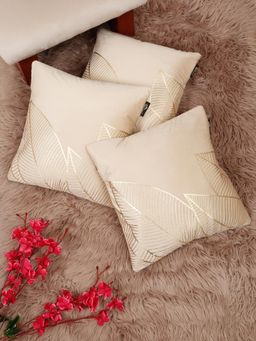 HOSTA HOMES - Soft Velvet Golden Foil Printed Cushion Covers Cream (Pack Of 3) (16X16 Inches)