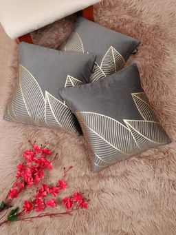 HOSTA HOMES - Soft Velvet Golden Foil Printed Cushion Covers Grey (Pack Of 3) (16X16 Inches)