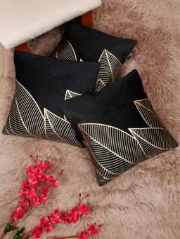 HOSTA HOMES - Soft Velvet Golden Foil Printed Cushion Covers Black (Pack Of 3) (16X16 Inches)