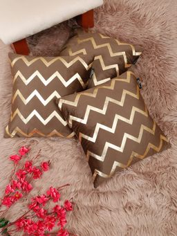 HOSTA HOMES - Soft Velvet Golden Foil Printed Cushion Covers Brown (Pack Of 3) (16X16 Inches)