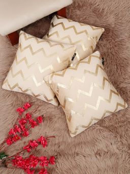 HOSTA HOMES - Soft Velvet Golden Foil Printed Cushion Covers Cream (Pack Of 3) (16X16 Inches)